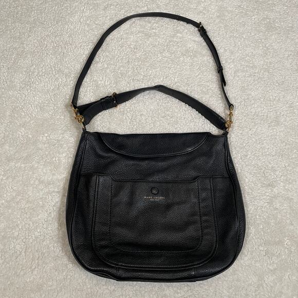 Marc Jacobs Empire City Hobo Handbag Black Pebbled Leather Flap Top 2 Strap - Picture 2 of 9